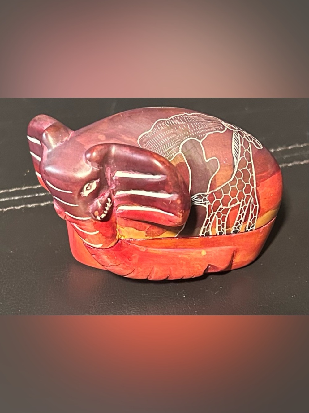 African Soapstone Hand
Carved in Kenya Elephant Trinket Box
in Red-Brown Tones